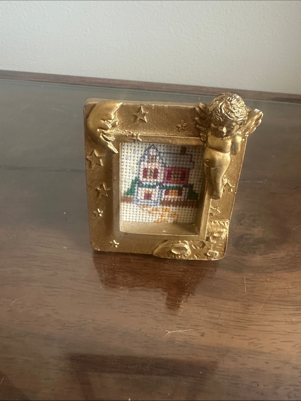 Vintage Bucilla Gold Cherub Mini Picture Frame with Cross Stitched House- Gold